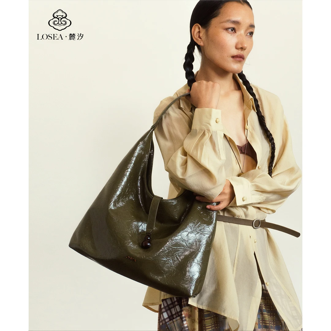 LOSEA麓汐《青石瓦台》复古油蜡皮大容量托特包女2025新款单肩包