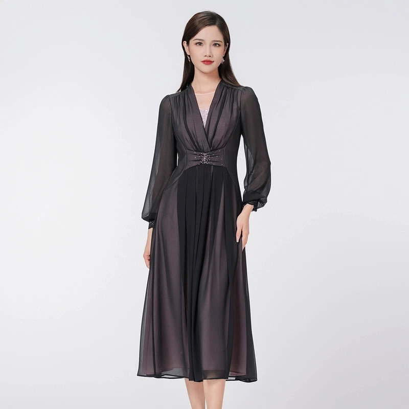 SUSSI/古色【雅典娜女神】V领灯笼长袖收腰连衣裙出游女黑色