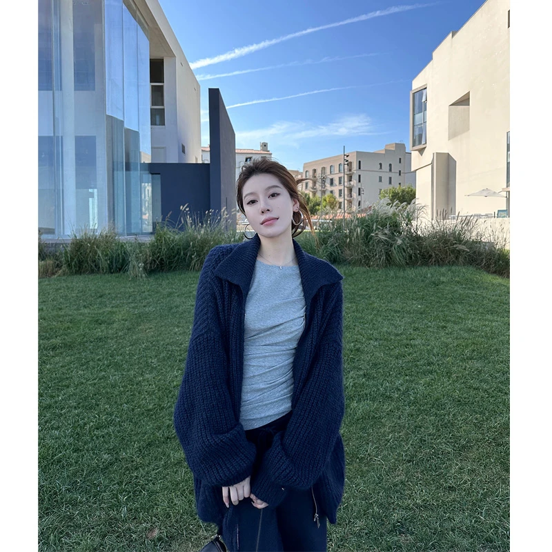 秋冬粗针翻领新款开衫女拉链毛衣慵懒风宽松休闲外套百搭长袖纯色