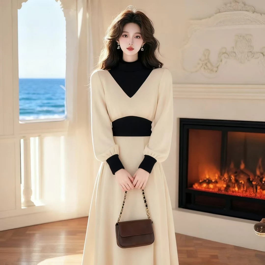 千语栀【千云水瑶】复古针织长袖连衣裙气质赫本风裙子秋A字连衣裙