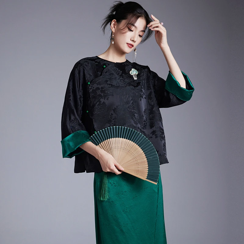 陌遇中国风复古圆领挽袖花瓣襟唐装上衣新中式茶服女M248678