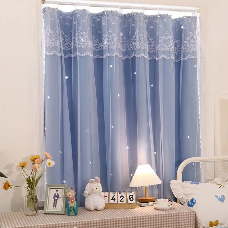 窗帘带杆全套免打孔挂环遮阳简约飘窗卧室出租房布纱一体短窗帘