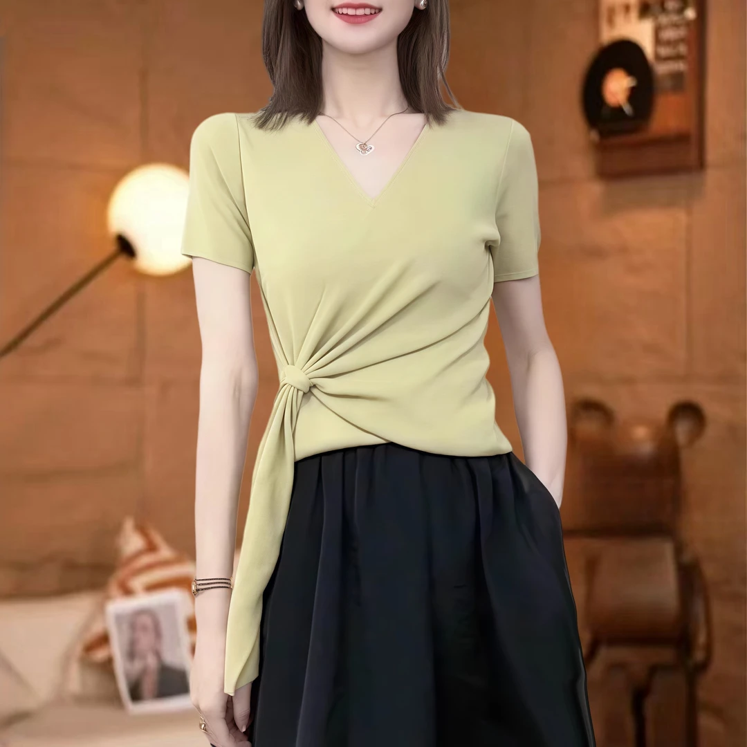 韩系不规则绑带减龄短袖t恤针织衫女夏季设计感收腰显瘦冰丝上衣