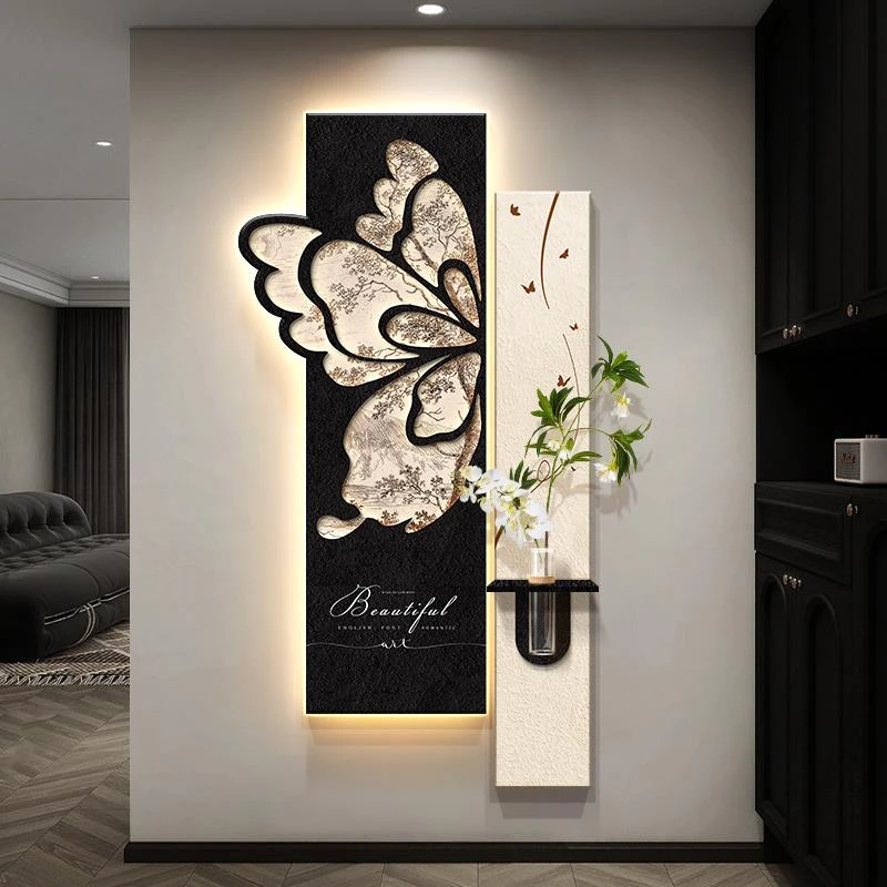 中古风玄关发光装饰画2025新款走廊尽头挂画入户正对门高级感壁画