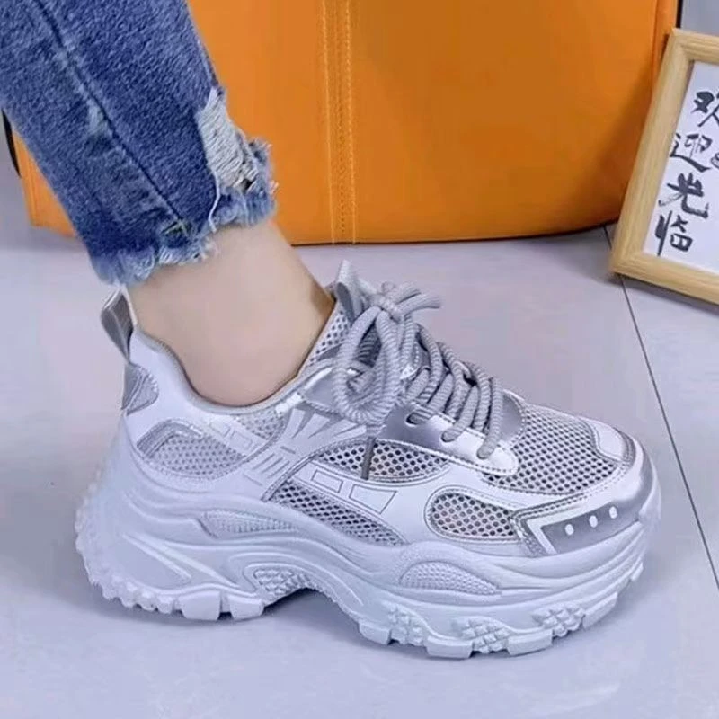 银色厚底老爹鞋女2025夏季新款网红超火透气百搭休闲显脚小运动鞋