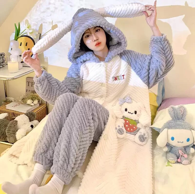 睡衣女秋冬季加厚睡袍法兰绒甜美可爱可外穿珊瑚绒家居服套装