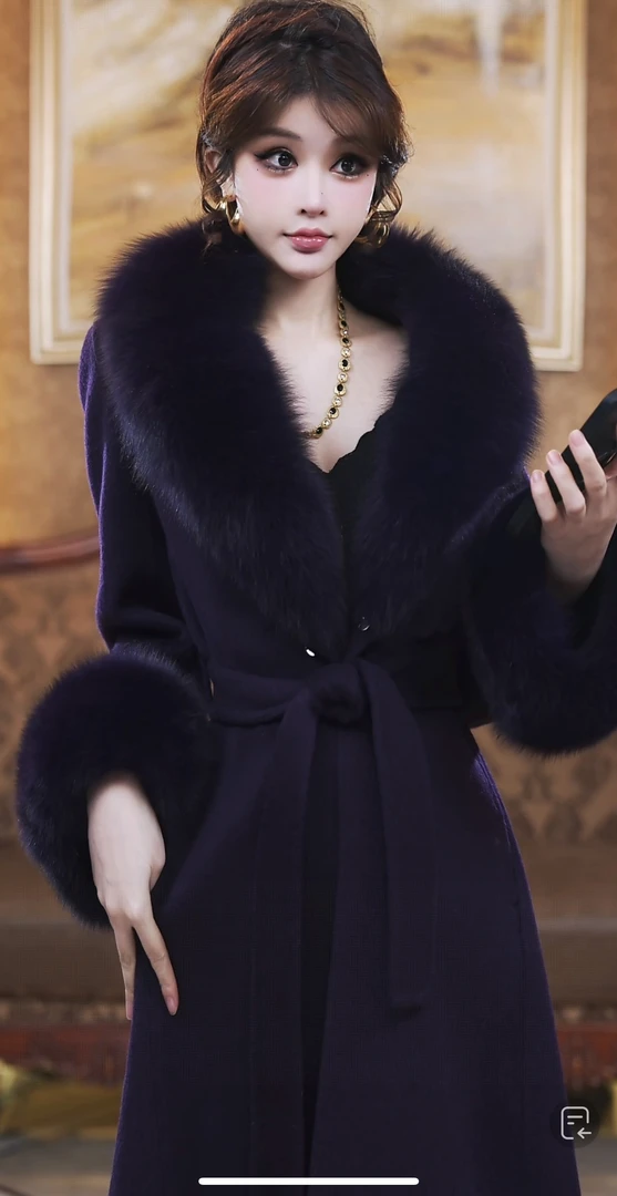 【婧婧专享】紫色3.0版超大狐狸毛领双面羊毛大衣修身新版长款