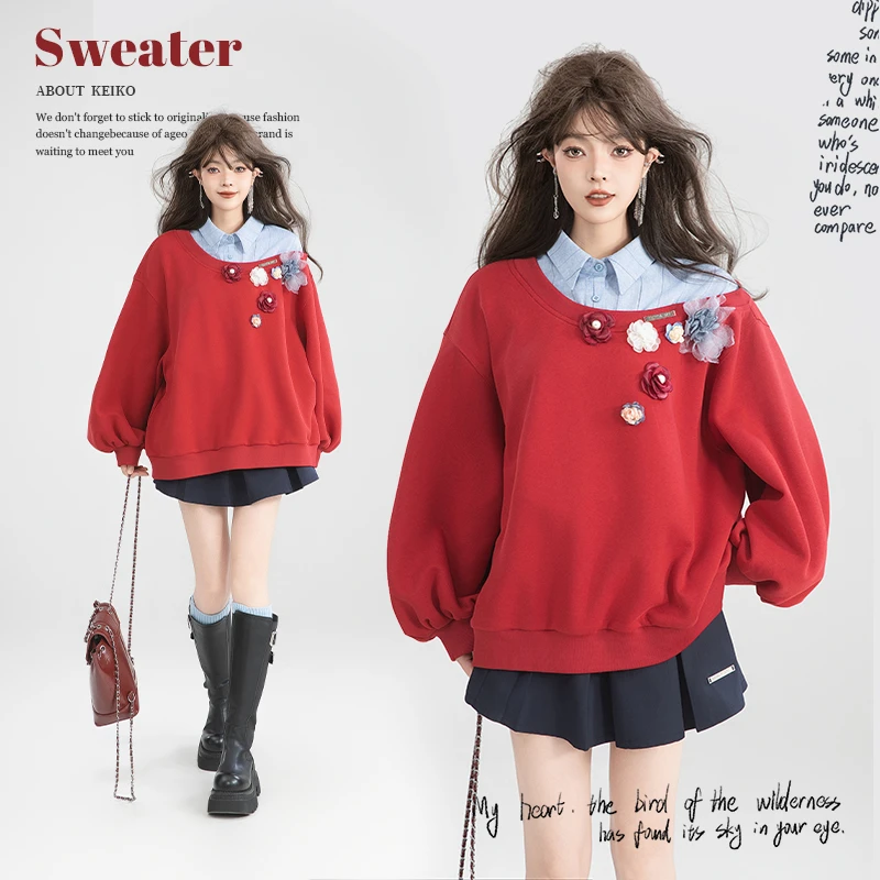 [花漾红装] 新年系列扎花红色卫衣女25早秋设计感假两件斜肩外套