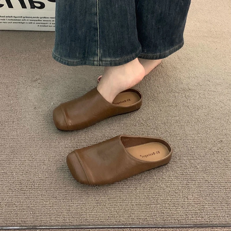 森系复古猪鼻子包头半拖鞋女鞋2025春夏季一脚蹬穆勒配裙子晚晚鞋