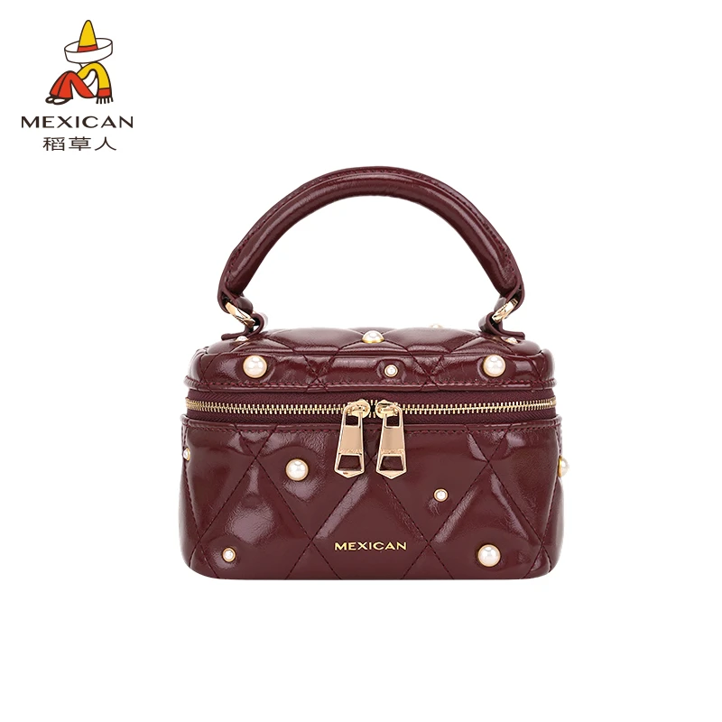 稻草人25新款【圣诞礼物】珍珠铆钉亮面色女盒子包斜挎包单肩包