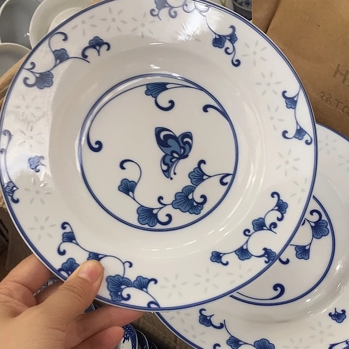 摆件8寸青花碟恋花深盘红叶