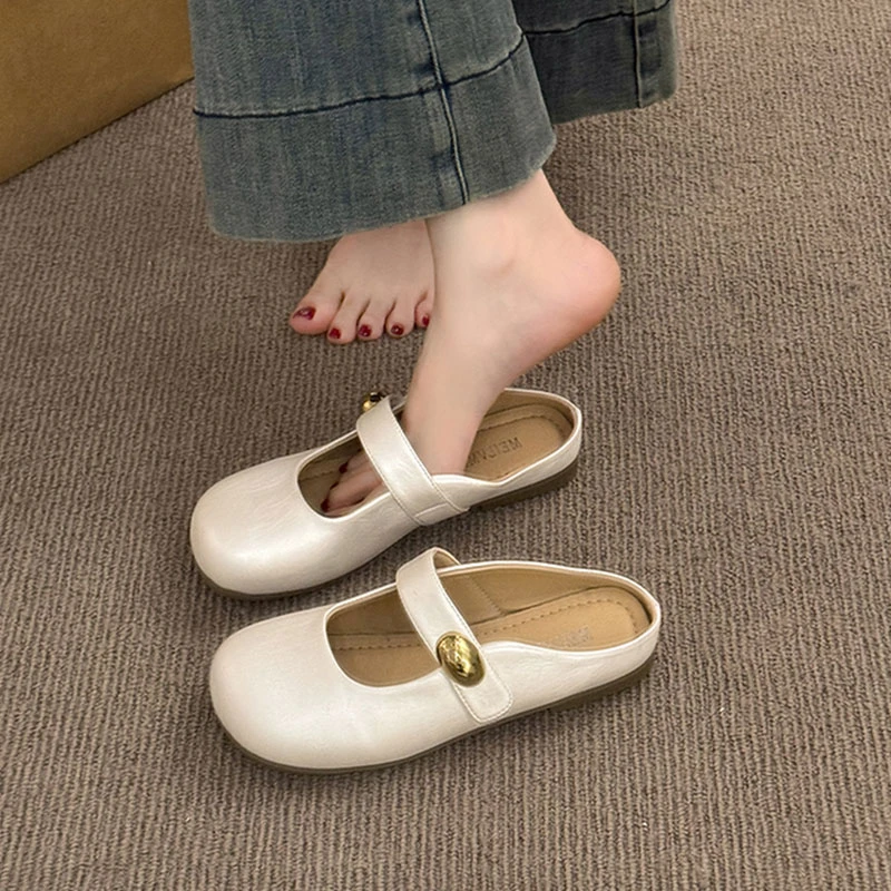 包头半拖鞋女夏外穿2025新款气质配裙子平底法式银色玛丽珍凉拖鞋