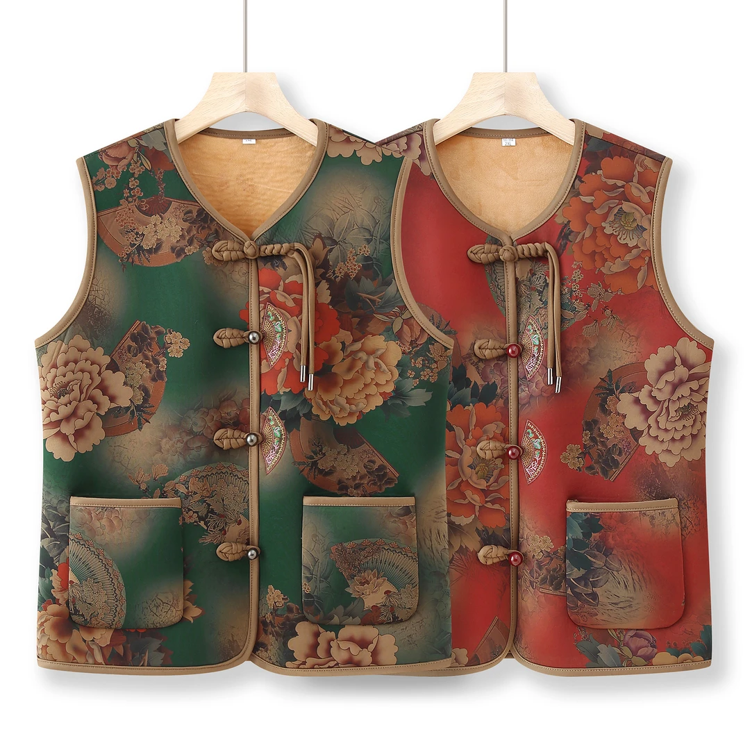 中老年女装花鸟无袖网红纽扣棉服长裤福态马夹马甲短款复古