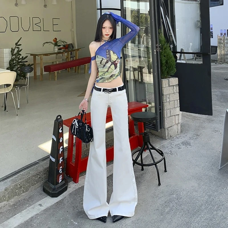 ZZR辣妹白色低腰微喇牛仔裤女2025春季新款修身弹力直筒喇叭裤