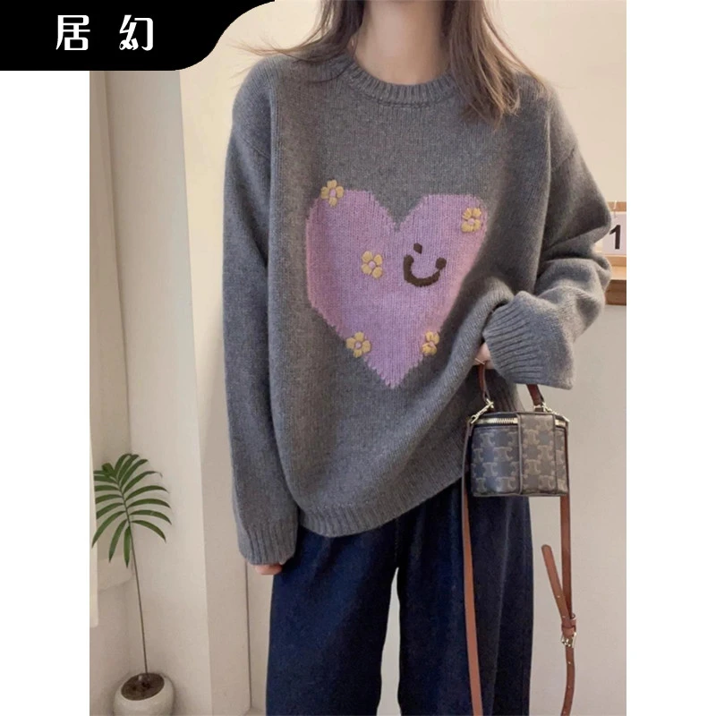 居幻欧洲站秋冬新款花朵爱心笑脸浣熊绒针织衫女加厚软糯毛衣爆款