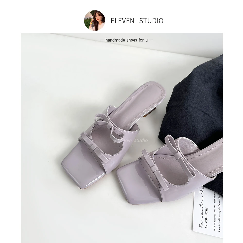 【王11】蝴蝶结方头粗跟一字半拖外穿 5CM/梦夏