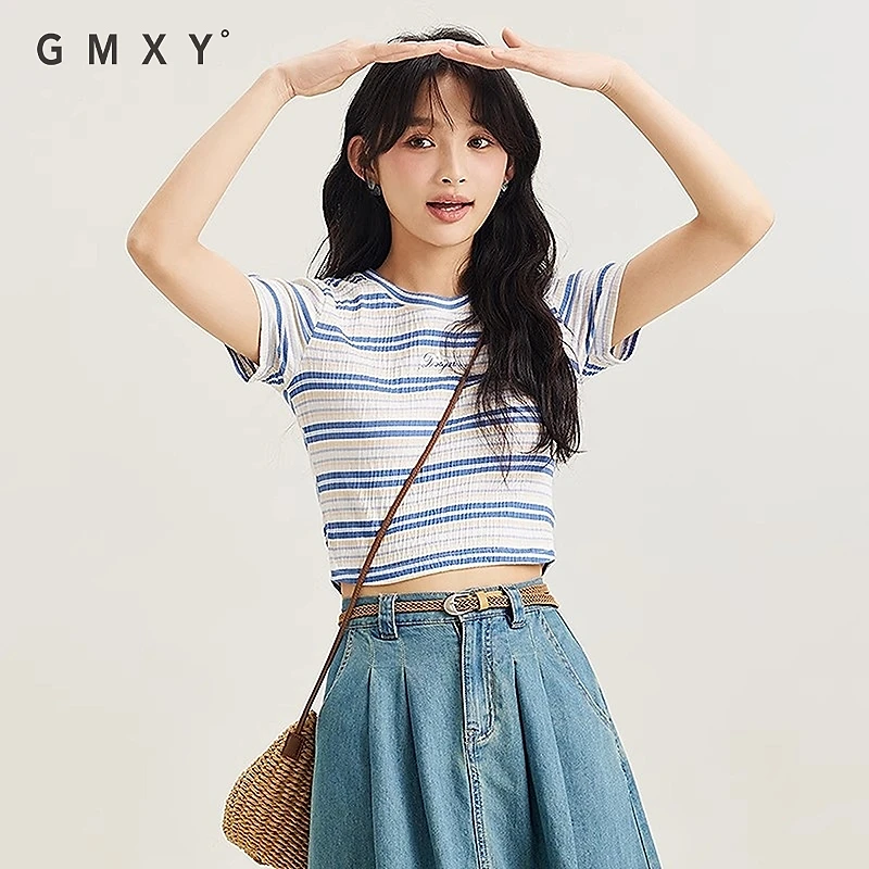 【辛小北专属】古木夕羊2025夏季新品条纹绣花短款T恤