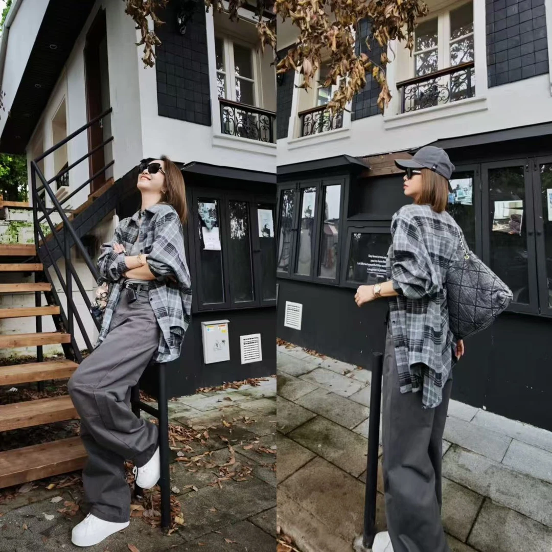 熙薇【云栖浅黛】2025早秋新款时尚休闲百搭宽松格子衬衣H3734