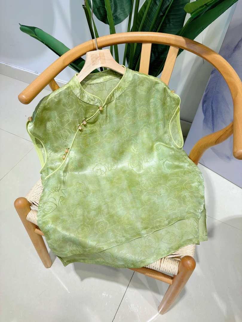 DY2776樱美嘉100桑蚕丝夏季新款新中式立领斜襟短袖上衣复古浅绿