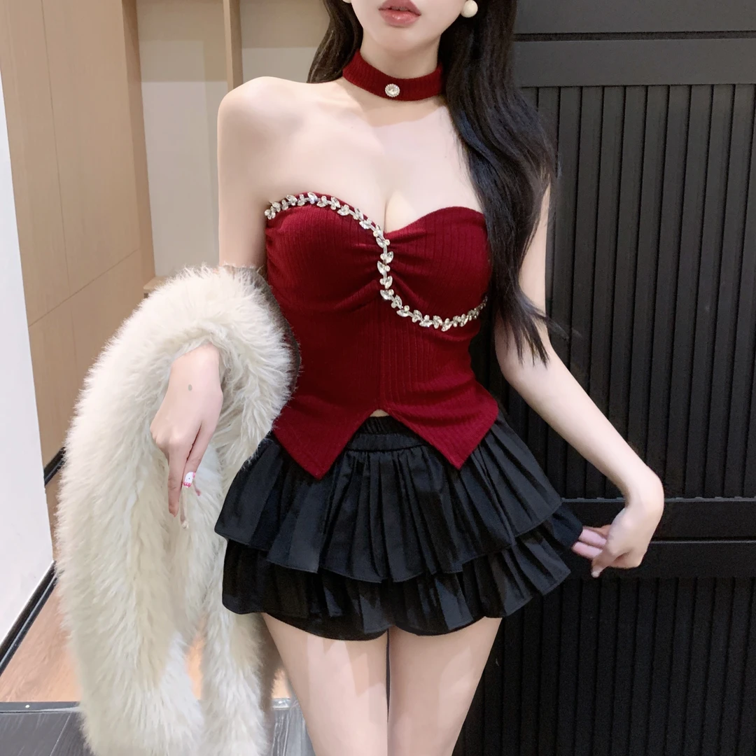 重工镶钻挂脖吊带背心女秋季一字肩抹胸上衣带胸垫打底衫内搭圣诞