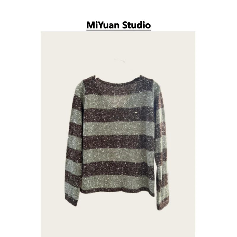2025秋冬新款韩系复古休闲慵懒风V领拼色条纹针织宽松显瘦毛衣123