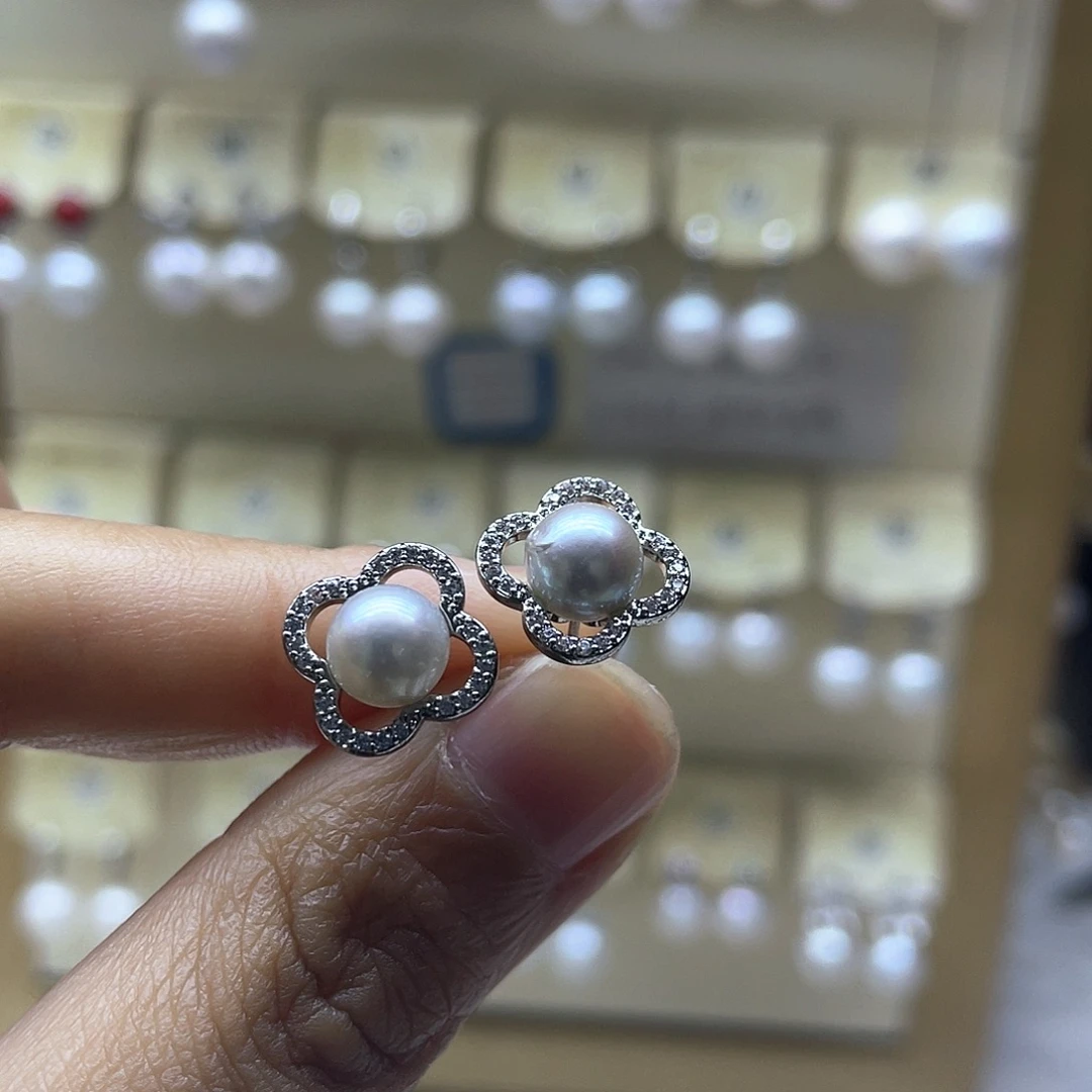 海水珍珠银S925镶嵌耳饰