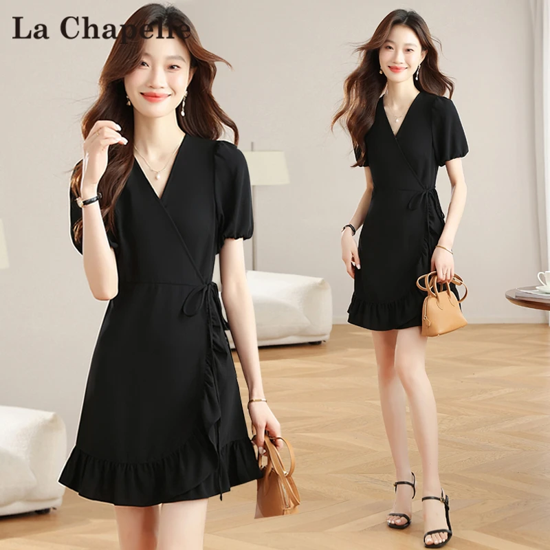 拉夏贝尔茶歇法式连衣裙女夏季2025新款小个子赫本风显瘦小黑裙
