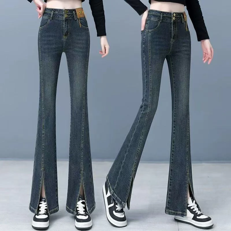 （裤长96CM）微喇开叉牛仔裤女秋季小个子高腰喇叭裤马蹄裤子女潮