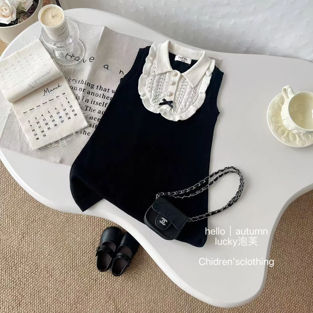 【lucky泡芙】小香风!女童花边领毛衣裙洋气时髦女宝宝赫本风连衣裙
