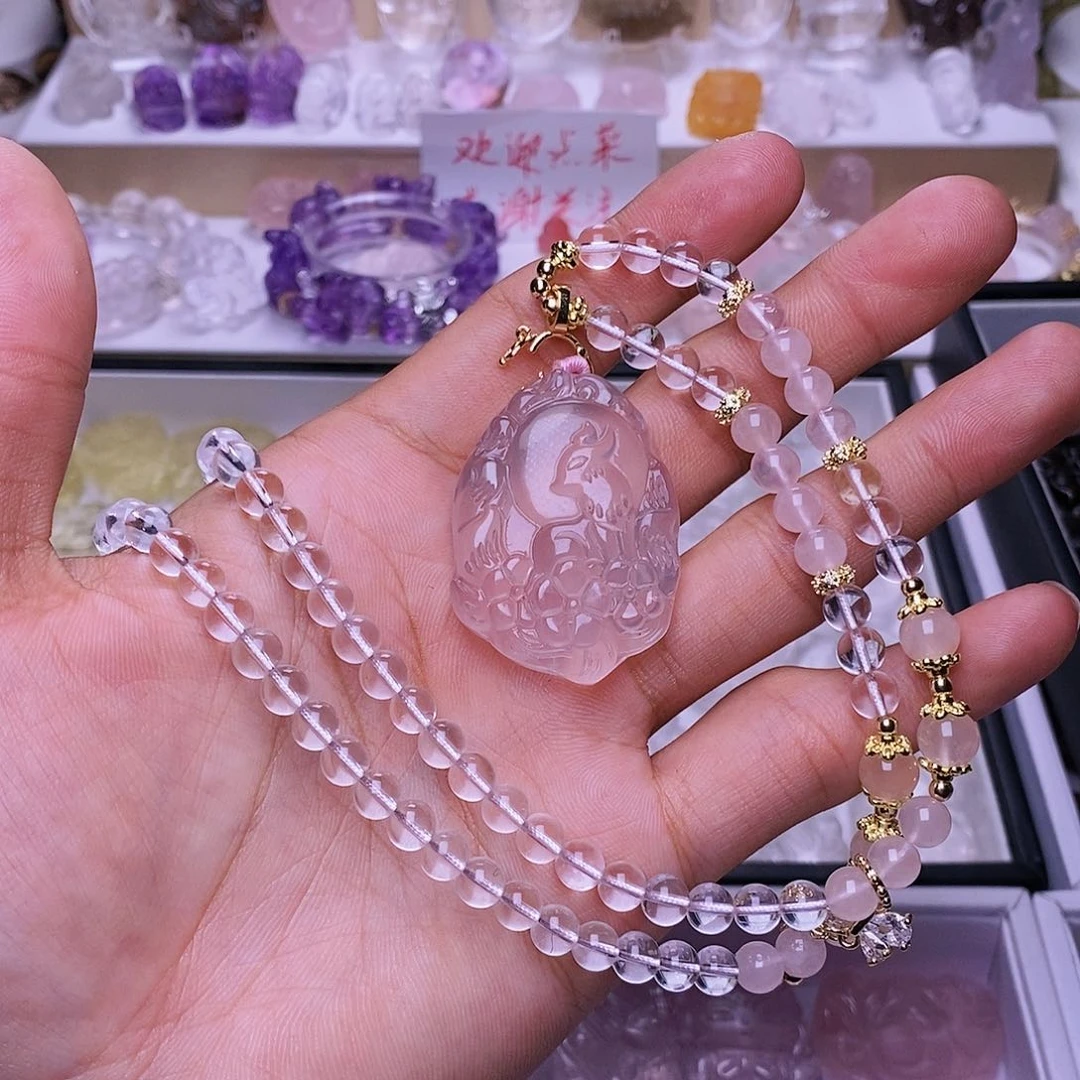 水晶颈饰未镶嵌粉水晶九尾狐吊坠 送链子