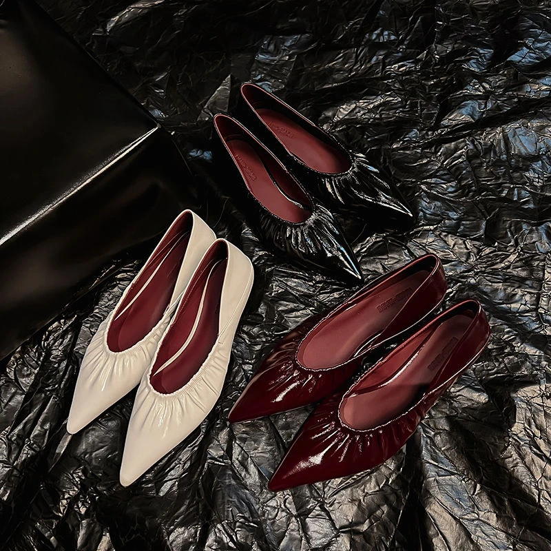 春季时髦洋气尖头法式浅口简约褶皱粗跟百搭单鞋