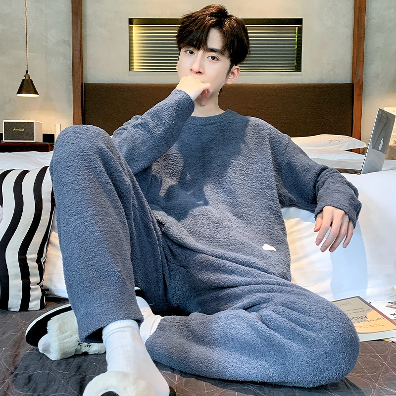 新款冬季半边绒冬季睡衣男加绒时尚加绒珊瑚绒保暖可外穿家男居服