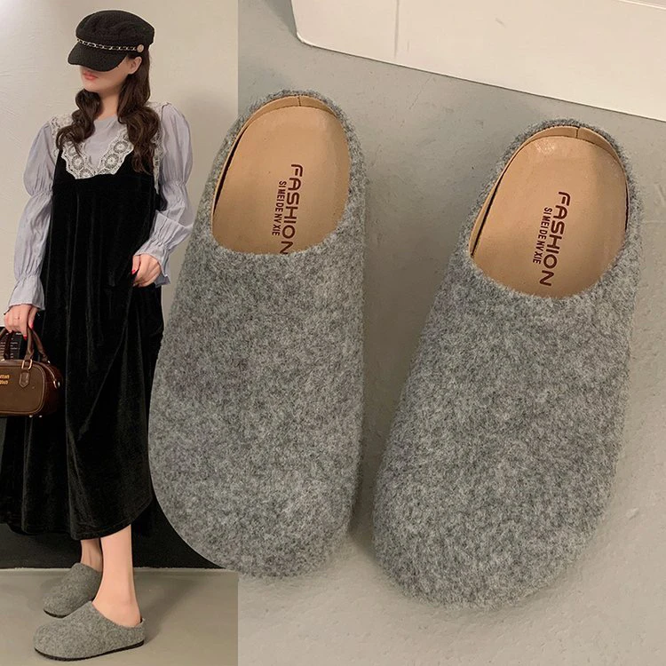 复古半包勃肯鞋女2025春季新款毛呢小众森系懒人一脚蹬包头半拖鞋