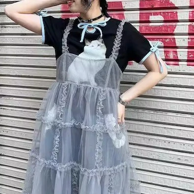 剪标拆标日单~日系连衣裙吊带裙木耳边蛋糕裙网纱罩裙高腰中长款