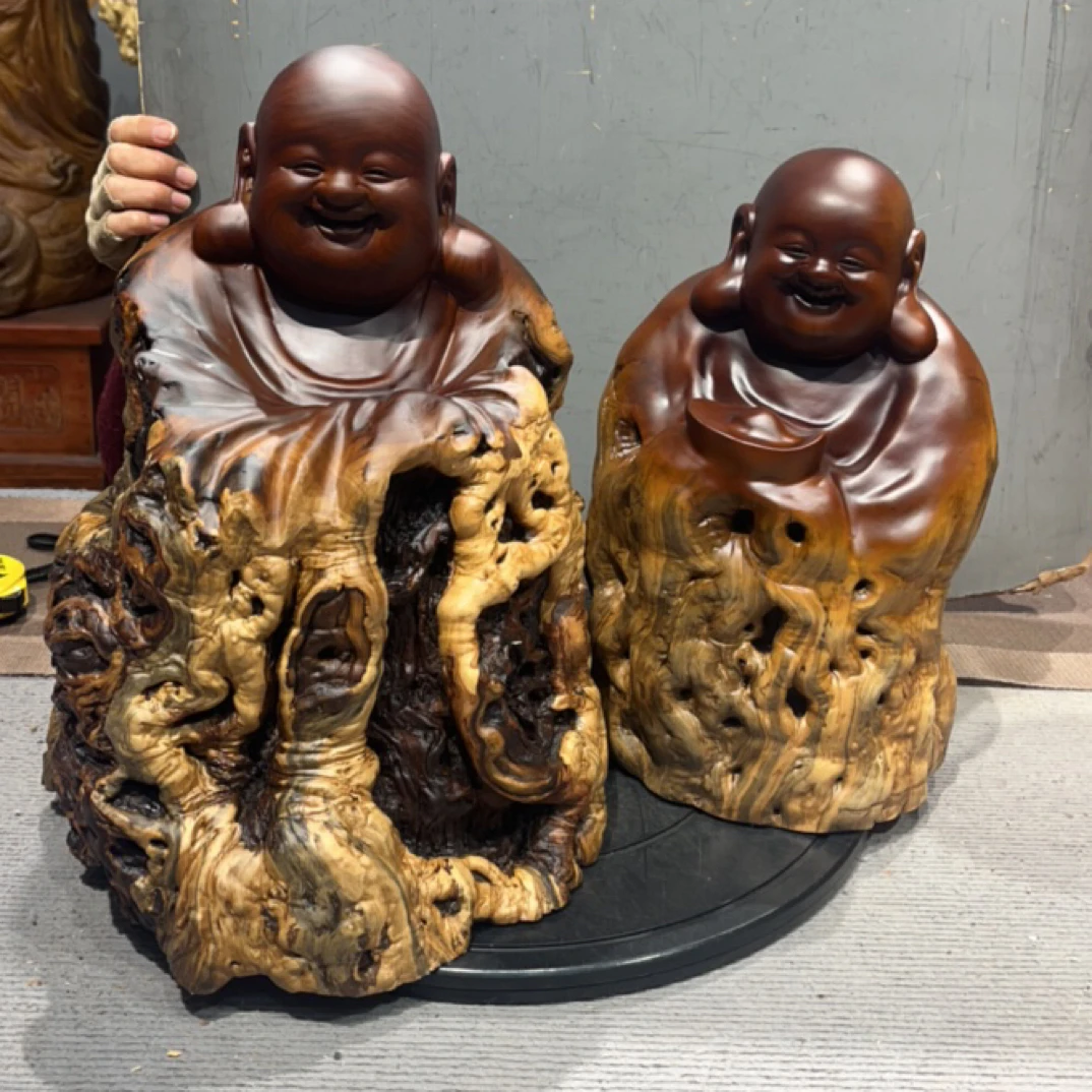枣木弥勒佛随形根雕摆件两尊