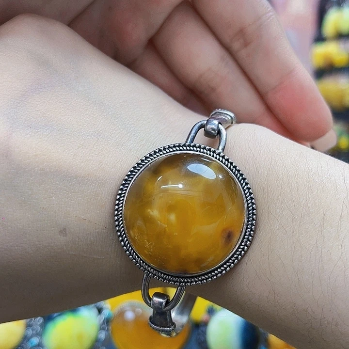 蜜蜡银S925镶嵌裸石手镯