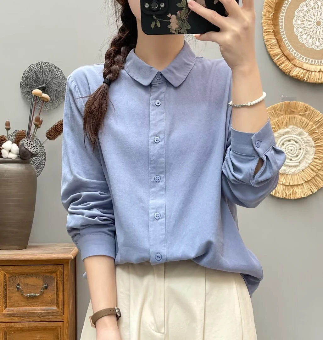 春秋新款莫代尔棉长袖衬衫女简约百搭休闲文艺翻领衬衣