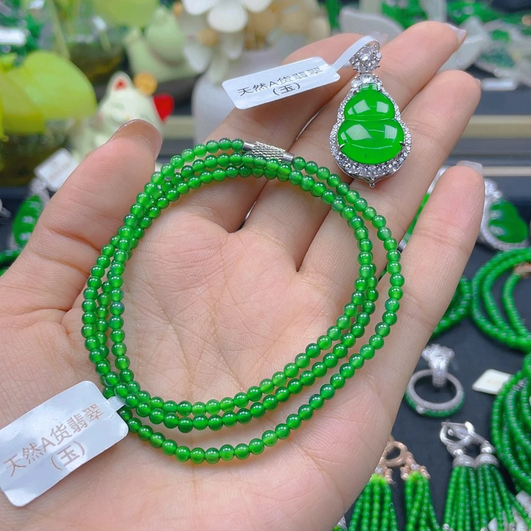 翡翠颈饰银S925镶嵌青*天然A货翡翠卡3