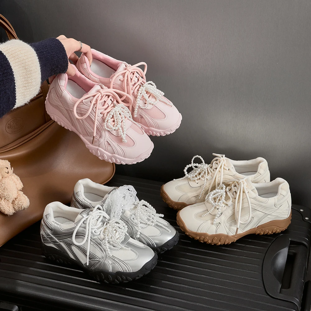 7CM内增高德训鞋女蕾丝珍珠秋新款银色厚底网面休闲运动鞋阿甘鞋