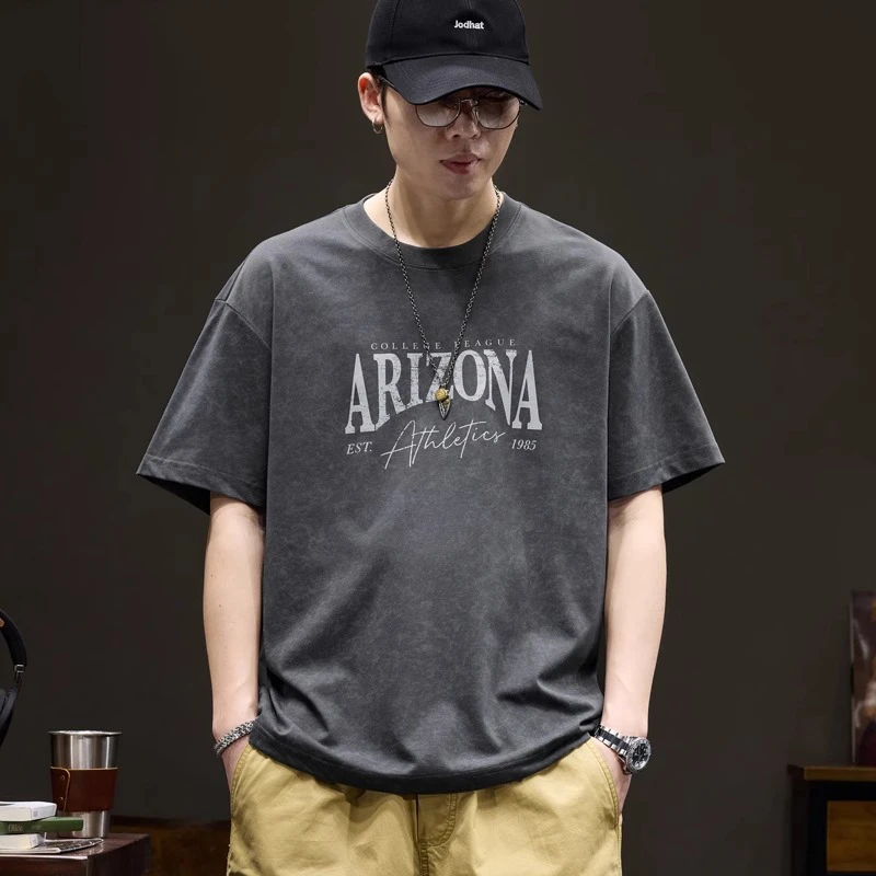 U&PURA复古水洗做旧短袖t恤男士印花上衣夏季宽松圆领半袖体恤衫