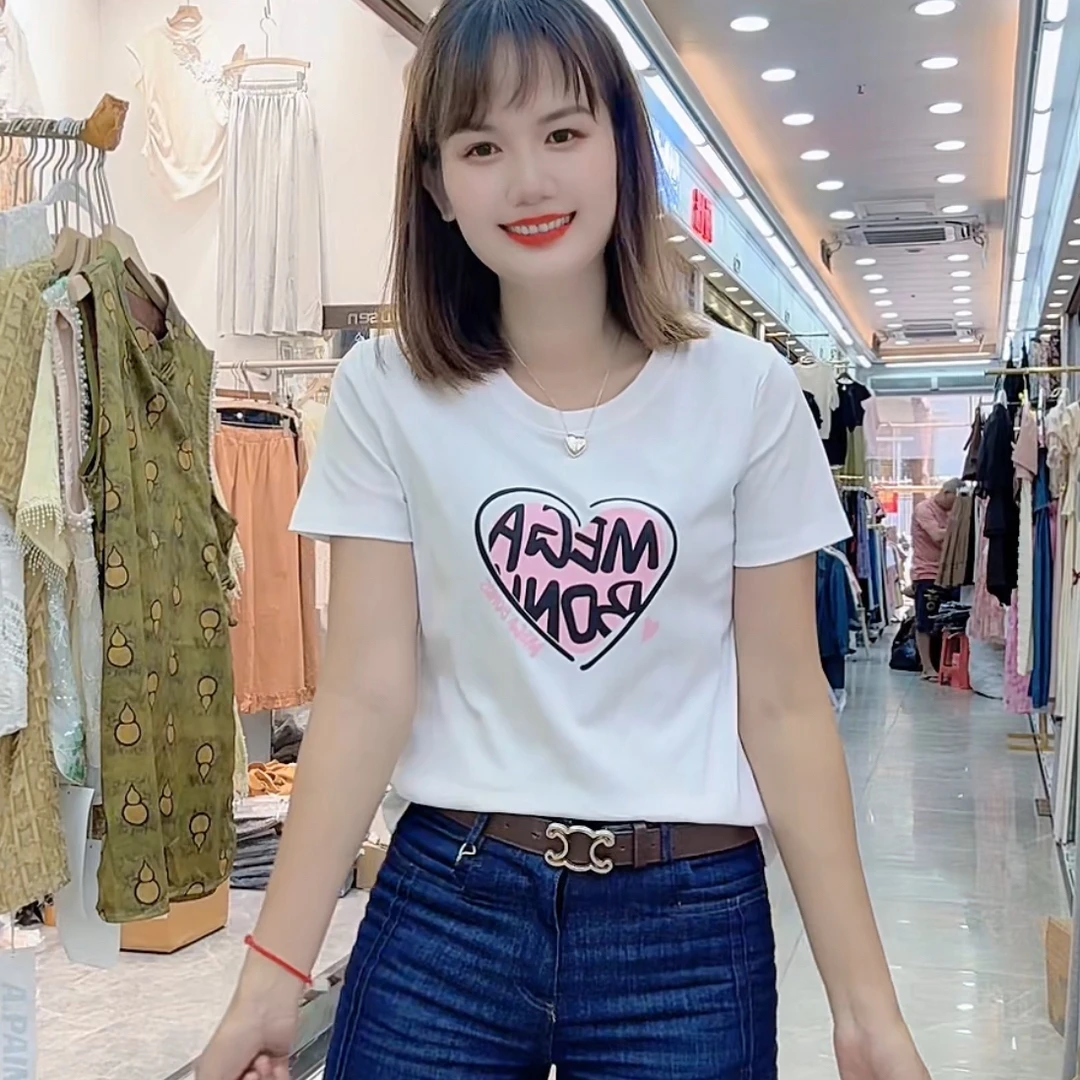 0611(美姿)爱心图新款短袖显瘦时尚洋气圆领印花ins女装百搭休闲