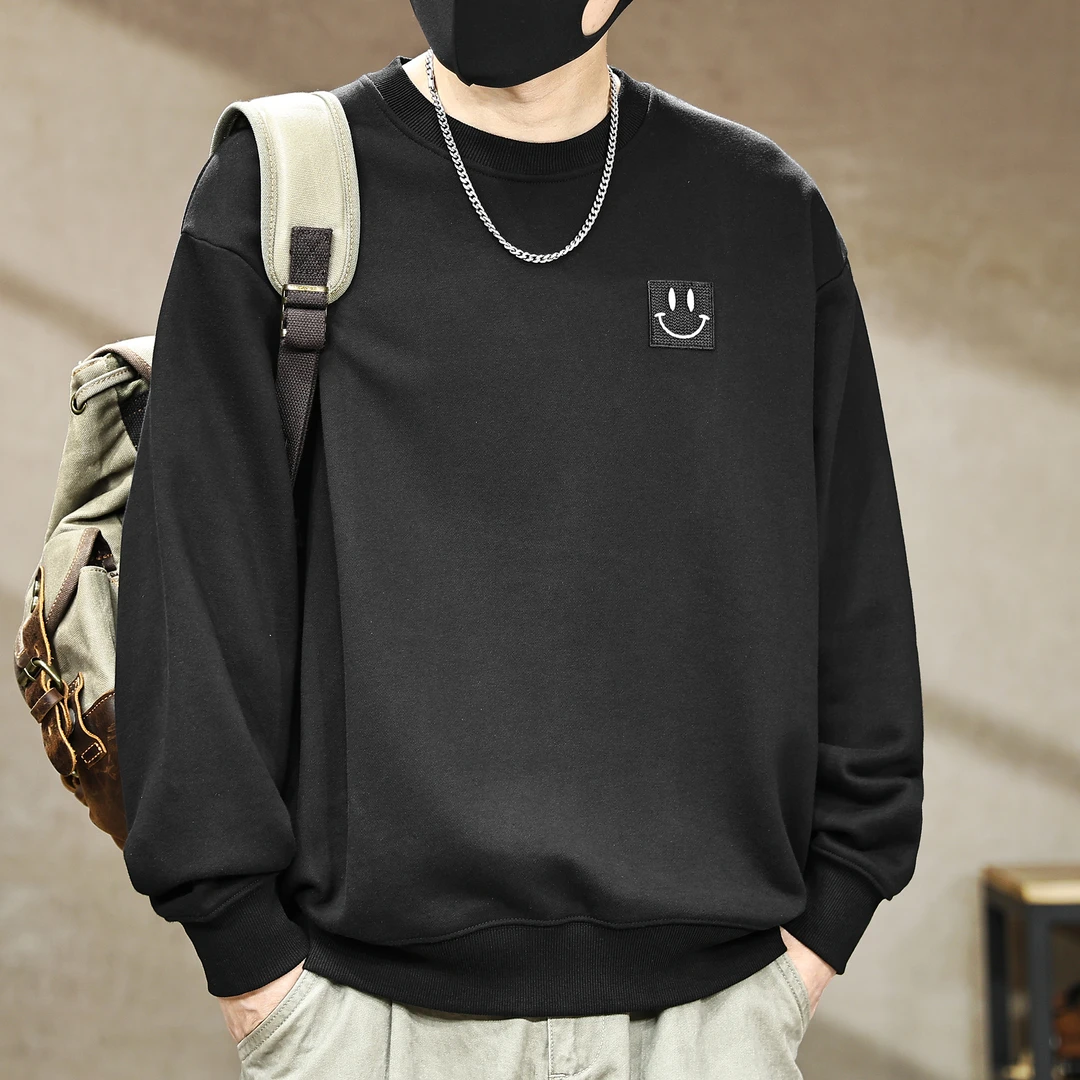 设计感笑脸绣花圆领重磅360g卫衣男秋季新款宽松休闲纯色内搭体恤