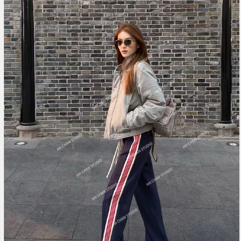 HH.CHAN“单恋高校”藏青撞色红条抽绳休闲直筒卫裤HH55S41920-赖赖