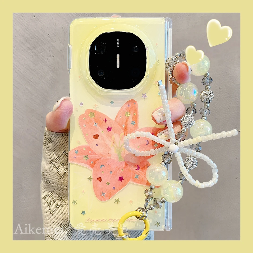 适用华为mateX6折叠屏手机壳黄底彩钻matex5典藏版百合花中轴保护