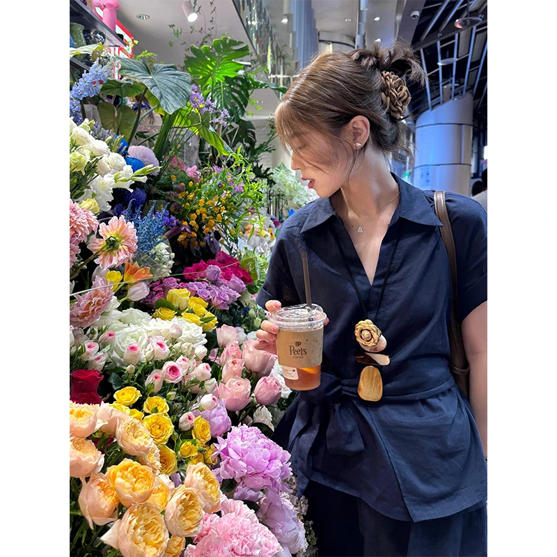 2025新款女士夏季法式收腰绑带设计感短袖衬衫上衣高腰宽松半身裙