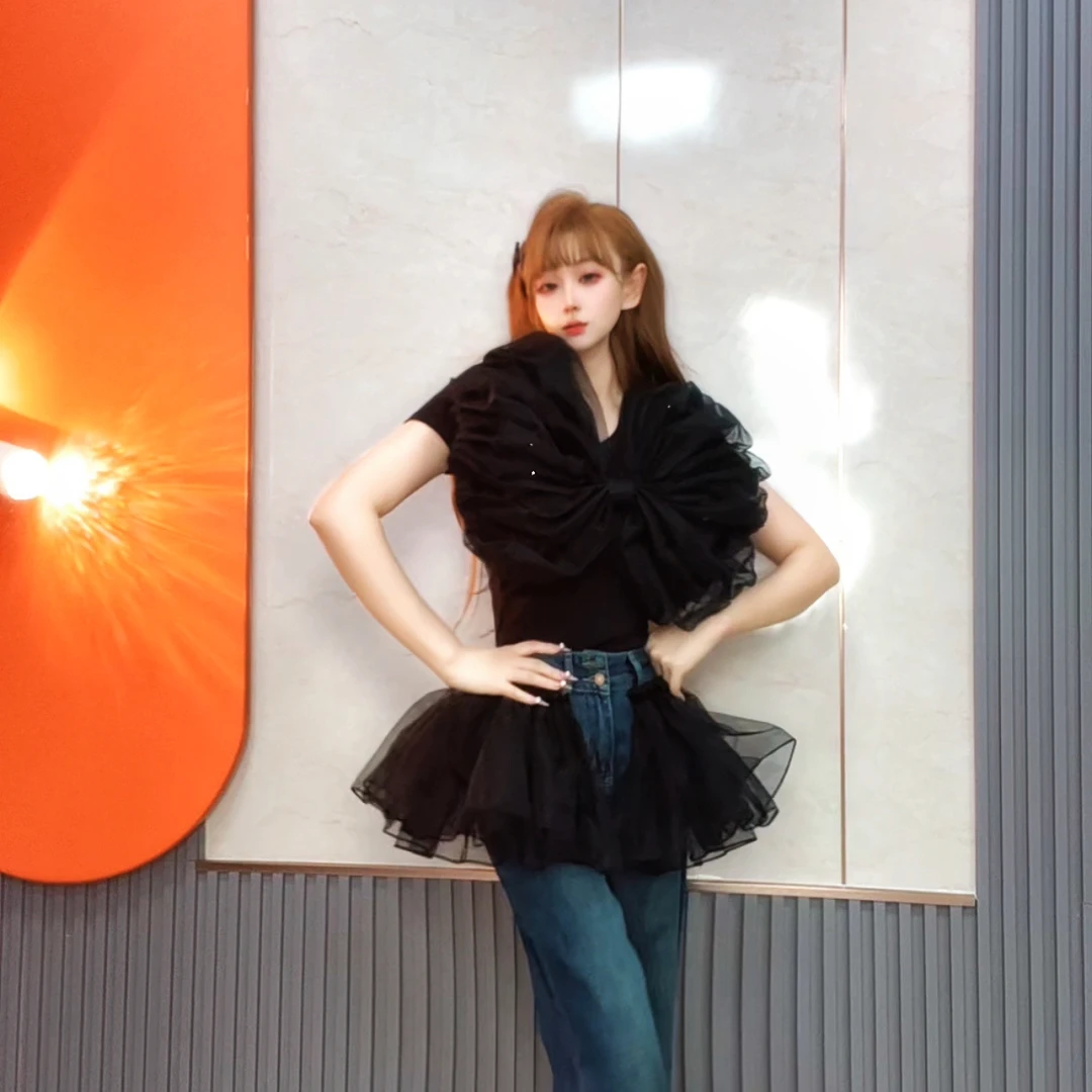 2355【熙妮潮牌】潮牌设计师私人定制蝴蝶结拼纱T恤牛仔阔腿裤简约