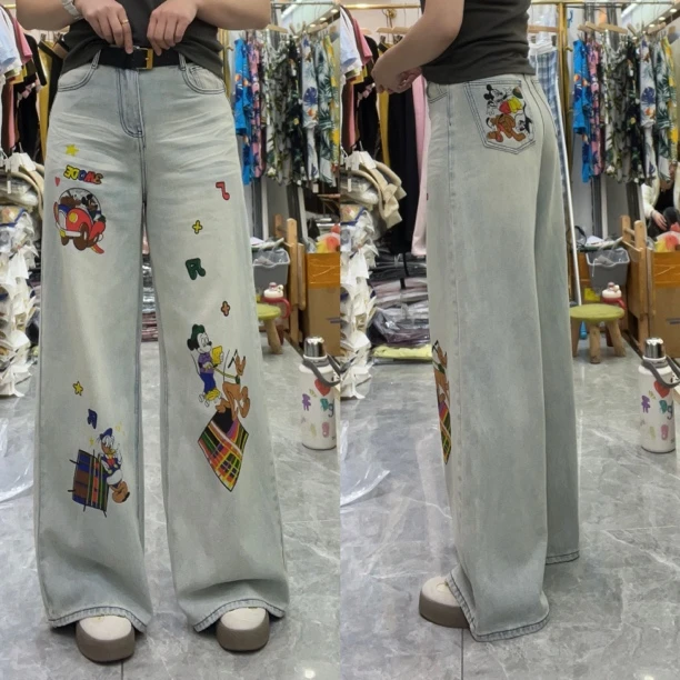 欧货辣妹设计感经典米奇印花显瘦涂鸭网红牛仔阔腿裤