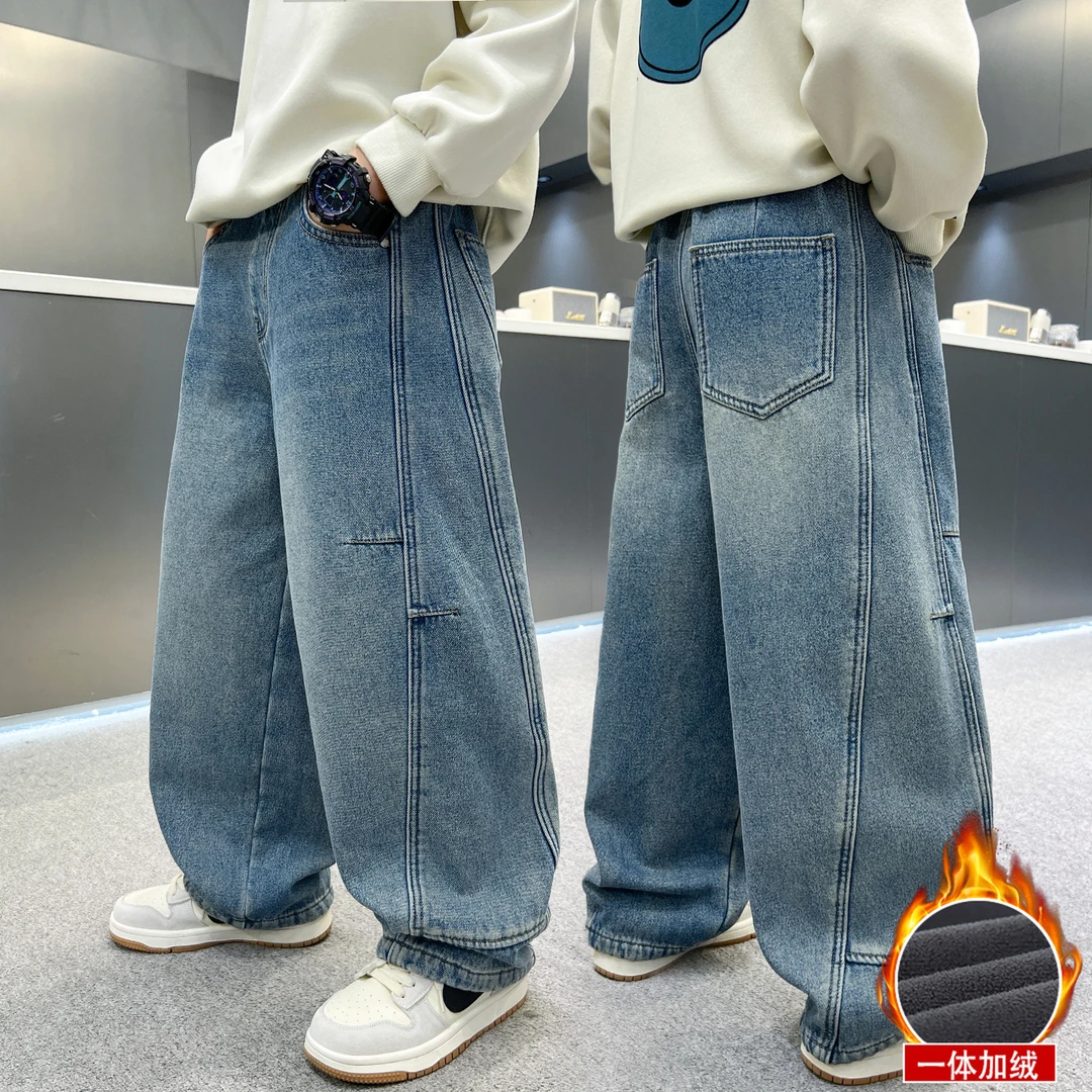 男童浅色牛仔裤秋冬款2025新款冬季大儿童装一体加绒加厚裤子冬装