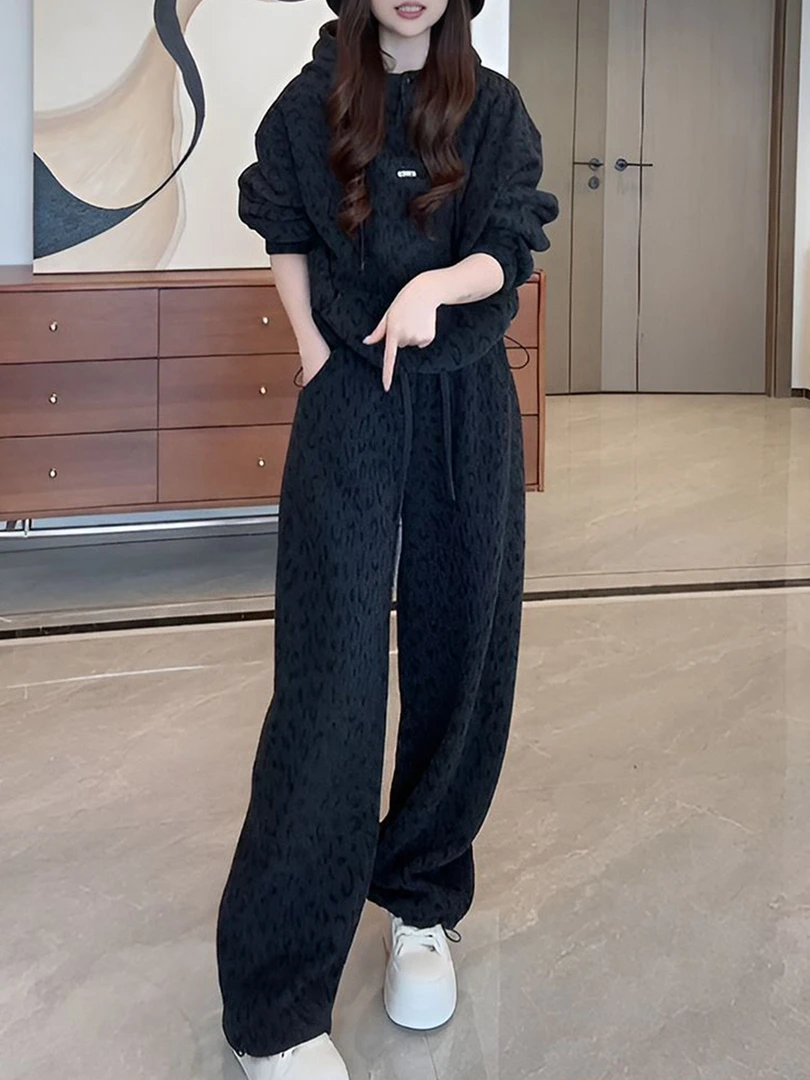 显瘦高腰时尚洋气时尚套装套装阔腿裤气质休闲加绒黑灰黑色套装