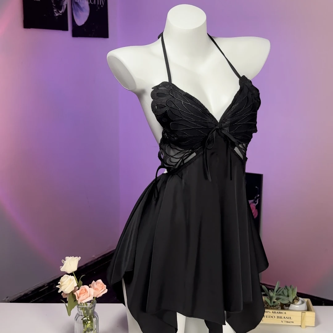 蝴蝶丝滑修身睡裙轻奢法式心机睡衣约会穿搭家居服连衣裙露背